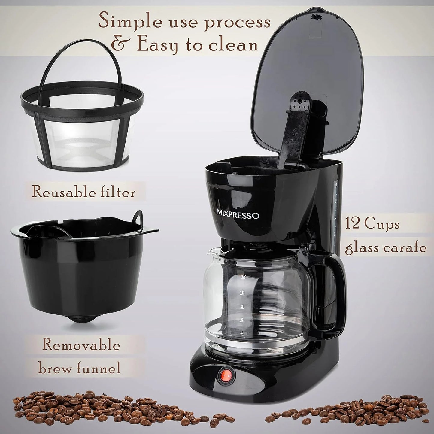 12-Cup Drip Coffee Maker – Auto Shut-Off, Reusable Filter & Glass Carafe