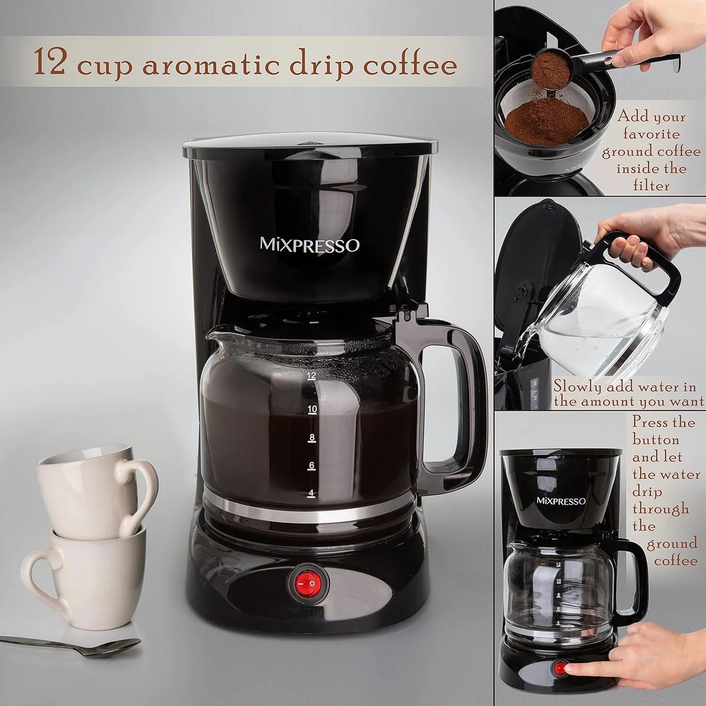 12-Cup Drip Coffee Maker – Auto Shut-Off, Reusable Filter & Glass Carafe