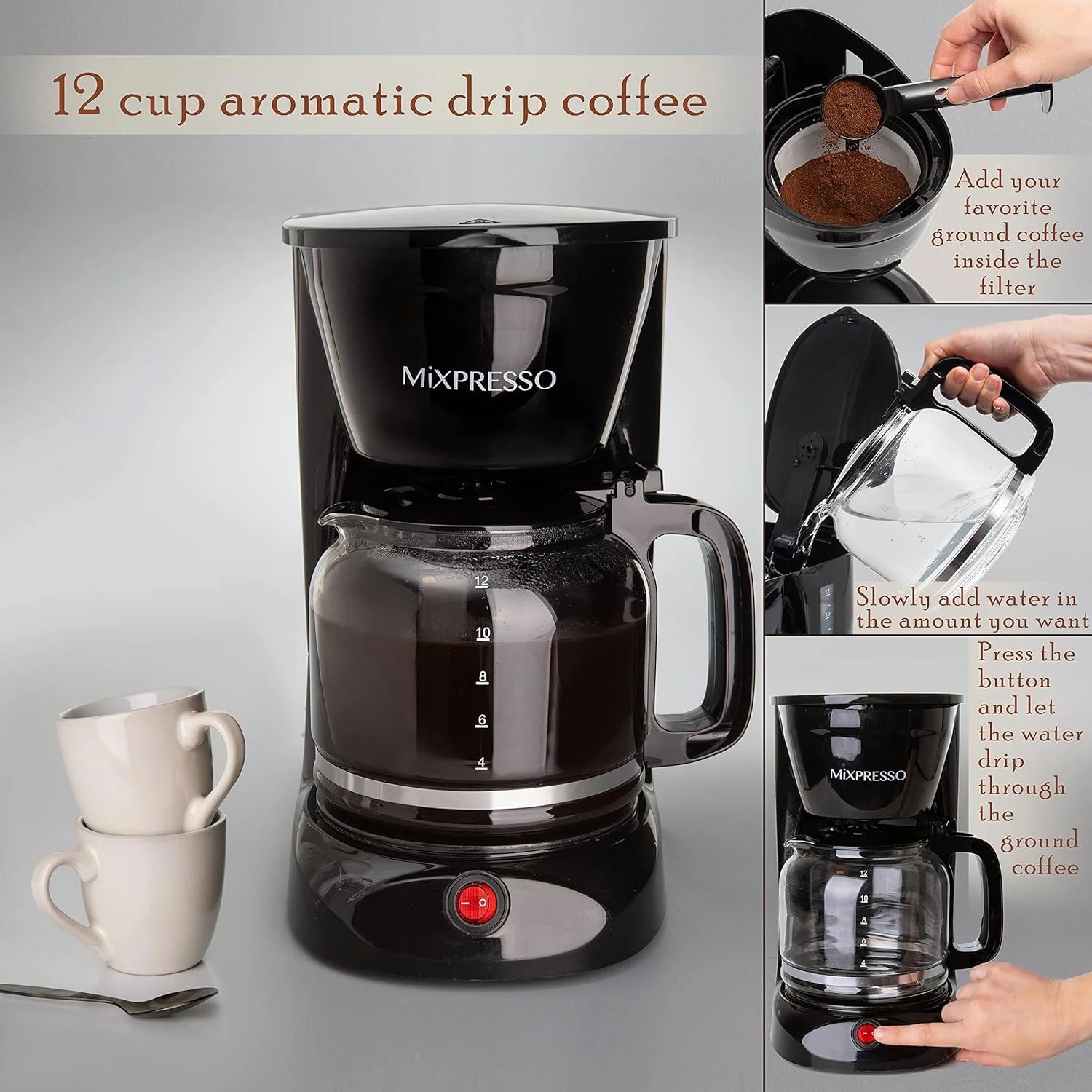 12-Cup Drip Coffee Maker – Auto Shut-Off, Reusable Filter & Glass Carafe